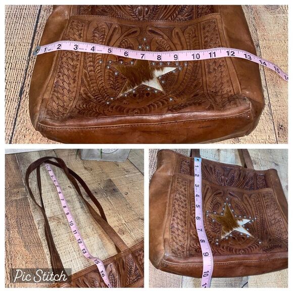 Texian Leathers tooled leather studded pony hair fur shoulder bag purse brown - Picture 5 of 13